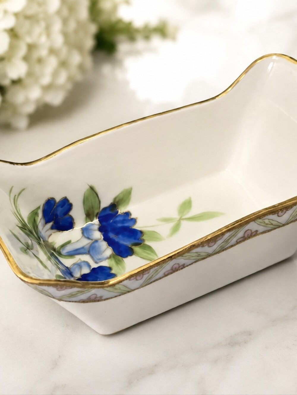 Hand Painted Nippon Porcelain Trinket Dish Ttay‎ Blue Floral Raised Gold Moriage